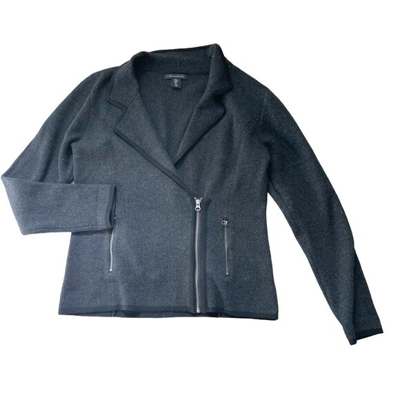 Tahari Merino Wool Blend Herringbone Moto Jacket Medium Dark Gray Warm Winter - Picture 1 of 10